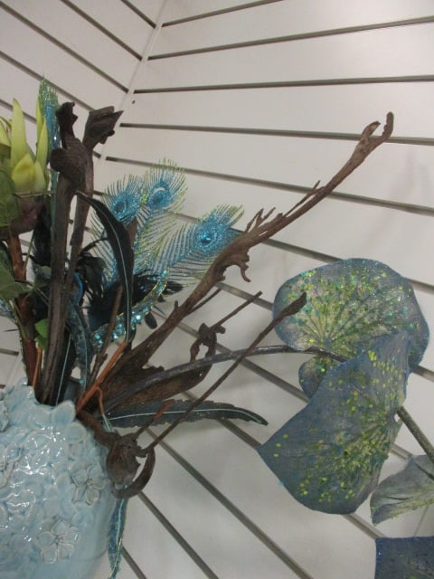 Ceramic Blue Vase w/Applied Flowers & Faux Florals - 4