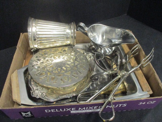 Silverplate Grouping-Vase, Gravy Boat, Wood Handled Platters: see pictures