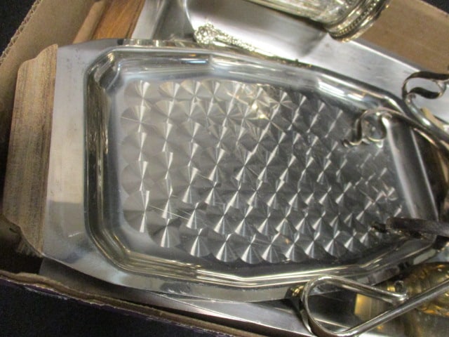 Silverplate Grouping-Vase, Gravy Boat, Wood Handled Platters - 4