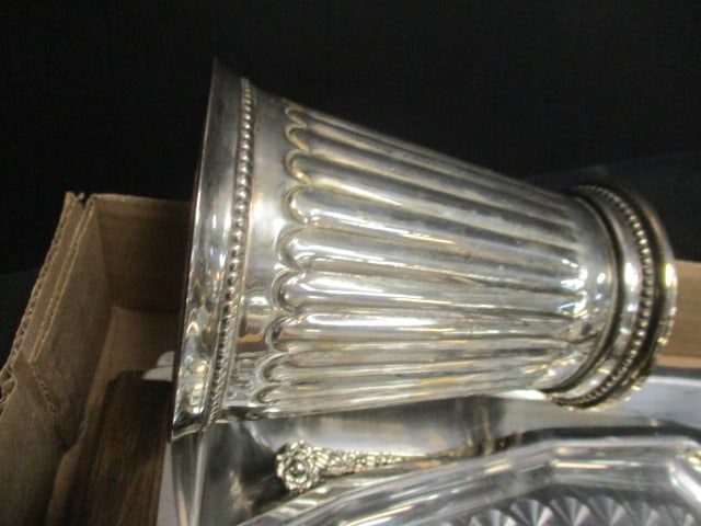 Silverplate Grouping-Vase, Gravy Boat, Wood Handled Platters - 5
