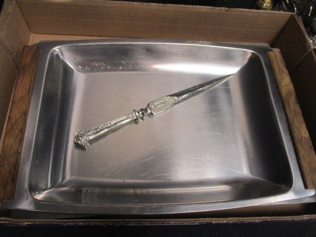 Silverplate Grouping-Vase, Gravy Boat, Wood Handled Platters - 6