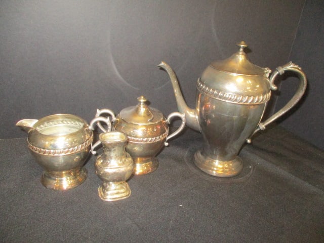 Silver on Copper 3 PC Tea Set & Bud Vase: see pictures