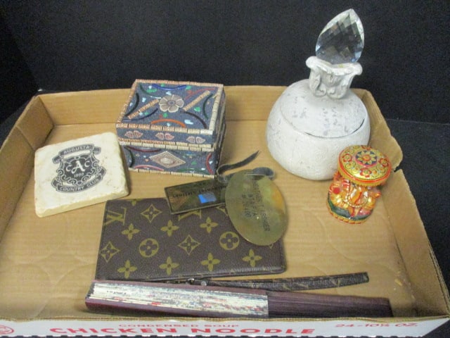 Ladies Vanity Items-Hand fan, Decorative Trinket box, misc.: see pictures
