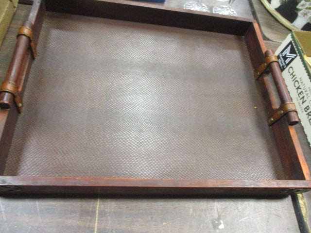 Leather Dark Wood Bar Tray w/handles: 21 x 18