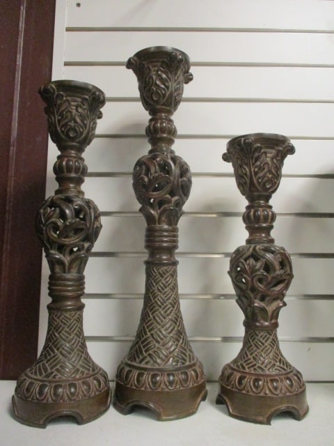 Walnut Brown Candlesticks w/Open Work Carving (Lot of 3): .