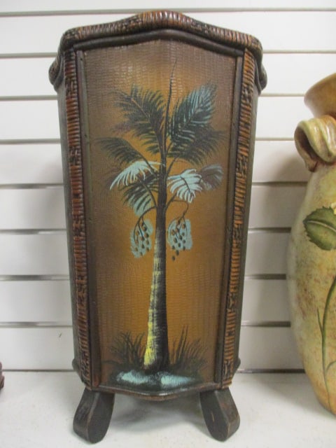 Bamboo Planter/Umbrella Stand w/Palm Tree Motif: 17"