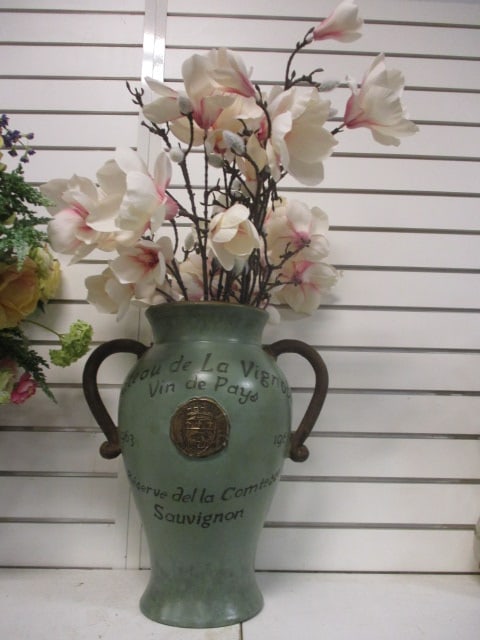 Green Distressed Wine Urn w/Magnolia Faux Arrangement: Vase 16", Overall Height w/Florals 30"