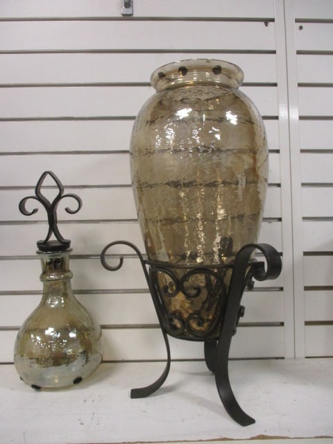 Amber Colored Brown Glass Vases (Lot of 2) in Metal Stand: 16" & 22"