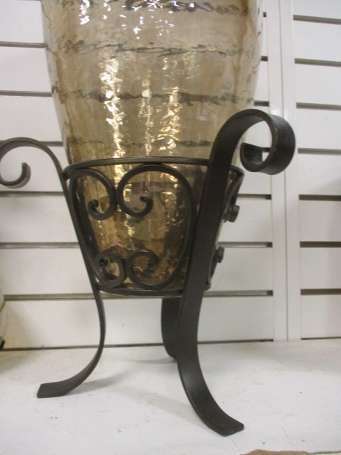 Amber Colored Brown Glass Vases (Lot of 2) in Metal Stand - 4