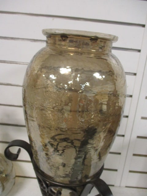 Amber Colored Brown Glass Vases (Lot of 2) in Metal Stand - 5
