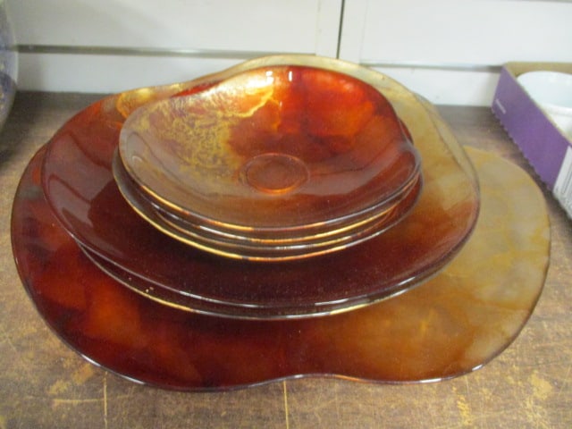 Freeform Rust Brown Glass Platter & Bowls with Mottled: Metallic Gold Interior (7 PC)