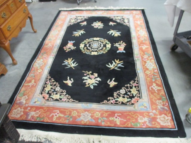 Hand Knotted Wool Chinese Longevity Symbol Central Medallion Area Rug: 73" x 108"(not including fringe), Black center with butterfly and peonies and Black/Apricot border, Local Pickup Only