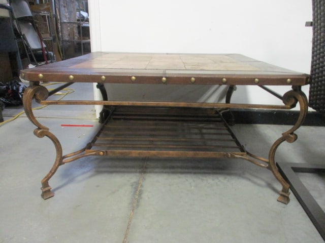 Rustic Square Coffee Table w/Brown Leather Look Border & Nailhead - 2