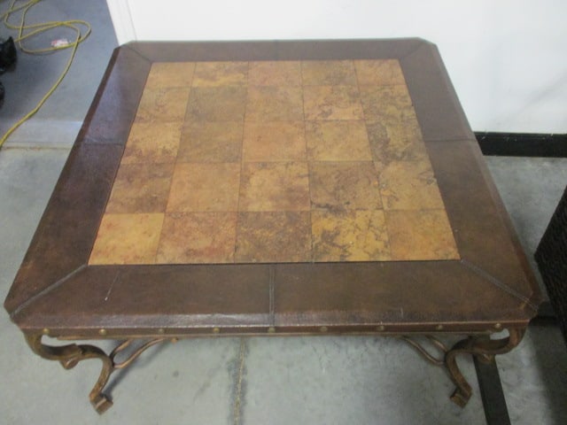 Rustic Square Coffee Table w/Brown Leather Look Border & Nailhead - 3