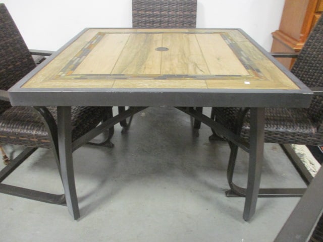 Tile/Wood Look Top Patio Table with Four Cantilever Woven Resin Arm Chairs - 2
