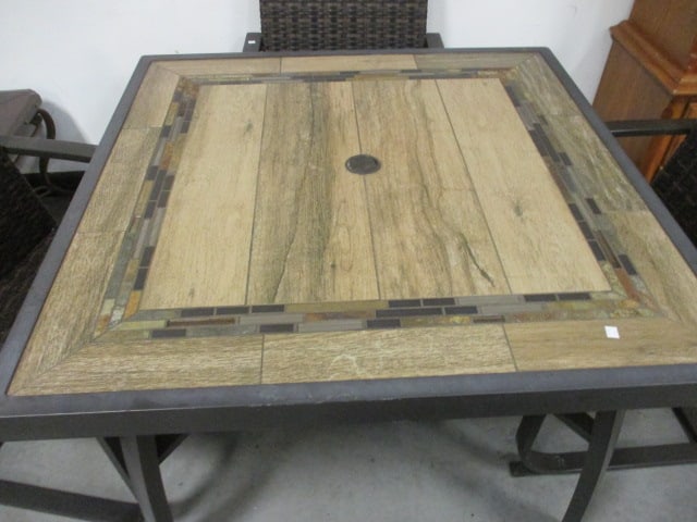 Tile/Wood Look Top Patio Table with Four Cantilever Woven Resin Arm Chairs - 3