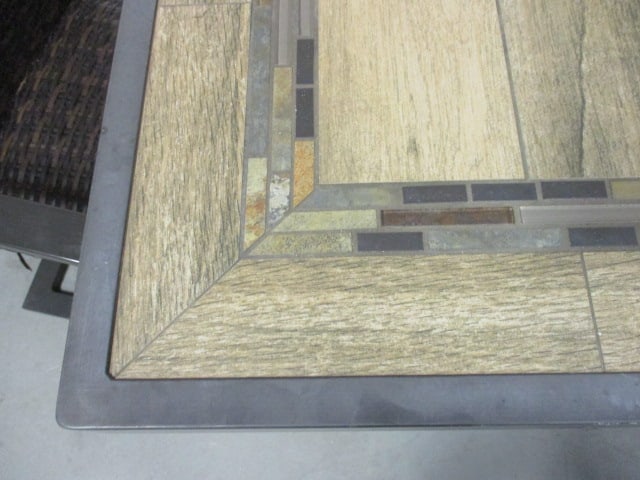 Tile/Wood Look Top Patio Table with Four Cantilever Woven Resin Arm Chairs - 4