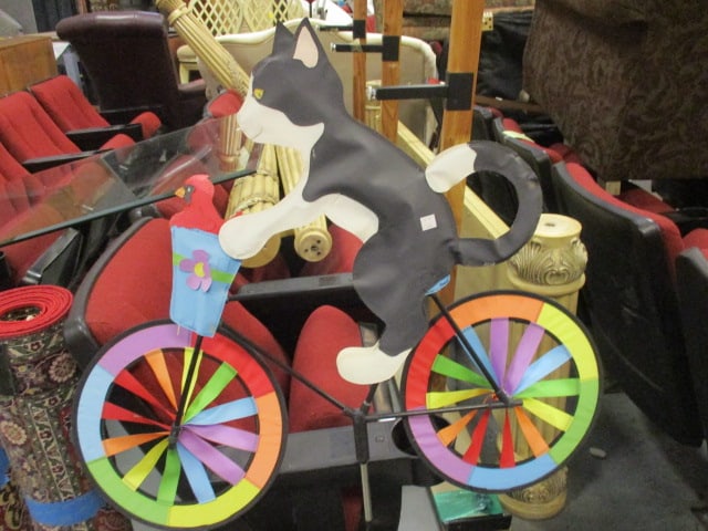 Cat on Bike Wind Spinner Yard Spike, Glazed Pottery Urn Planter and - 2