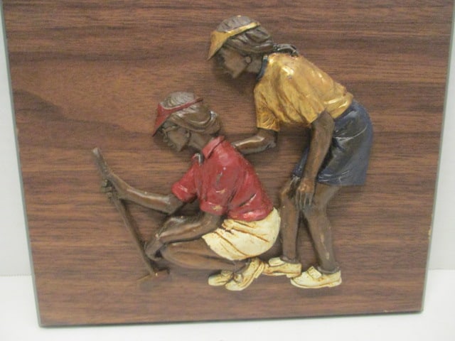 1990's Wall Plaque w/raised bronze style female golfers - 2