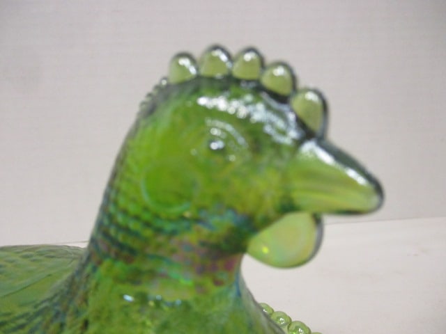 Lime Green Carnival Glass Irridescent Hen on Nest w/Beaded edge - 2