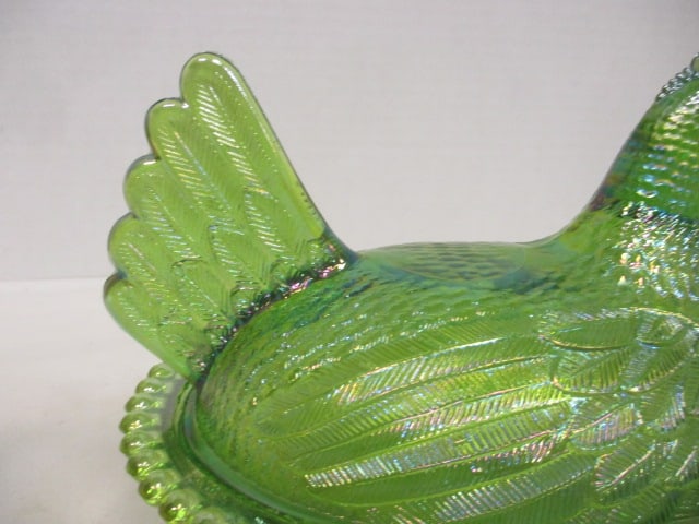 Lime Green Carnival Glass Irridescent Hen on Nest w/Beaded edge - 3
