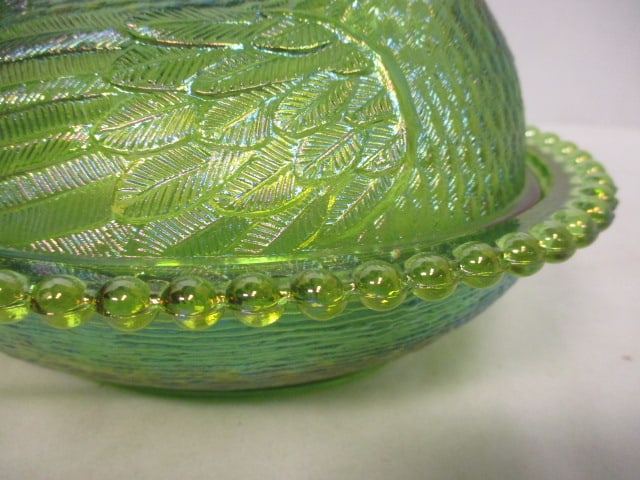 Lime Green Carnival Glass Irridescent Hen on Nest w/Beaded edge - 4