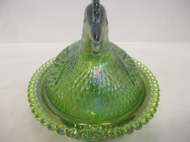 Lime Green Carnival Glass Irridescent Hen on Nest w/Beaded edge - 7