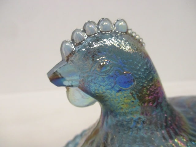 Blue Carnival Glass Irridescent Hen on Nest w/Beaded Edge - 2