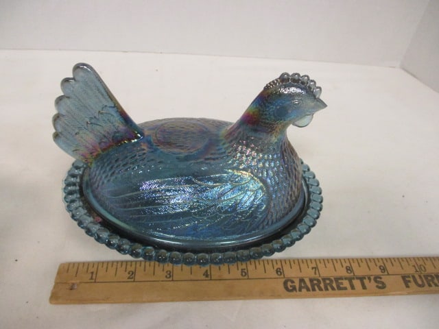 Blue Carnival Glass Irridescent Hen on Nest w/Beaded Edge - 7