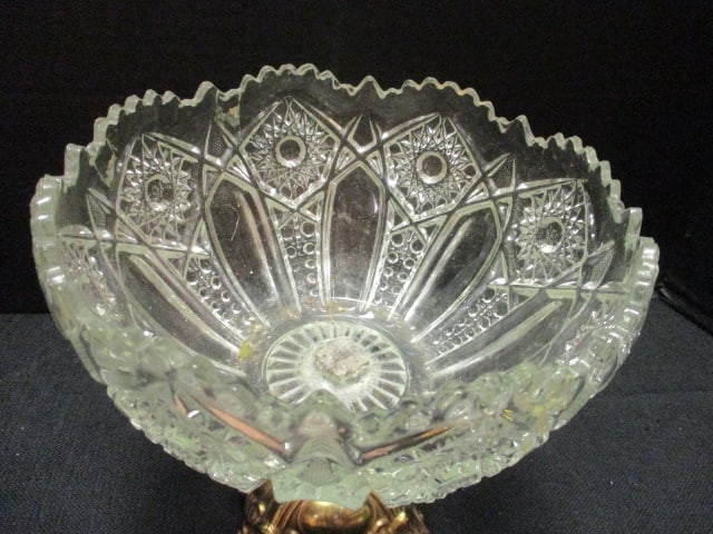 American Brilliant Cut & Pressed Glass Bowl on Brass Base - 2