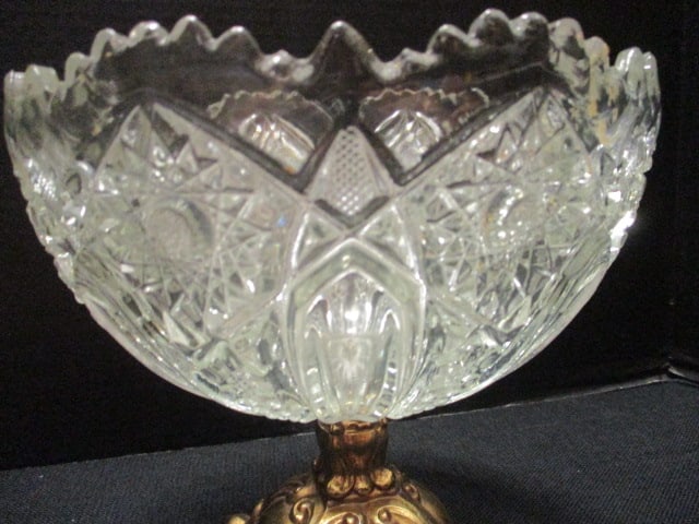 American Brilliant Cut & Pressed Glass Bowl on Brass Base - 4