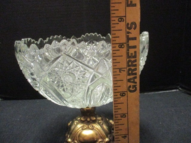 American Brilliant Cut & Pressed Glass Bowl on Brass Base - 7