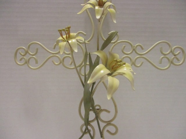 Metal Ornamental Wall Cross w/Applied Lilies - 3