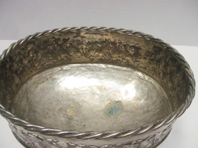 Hammered Silvertone Metal Footed bowl w/Raised Rabbit Design - 2