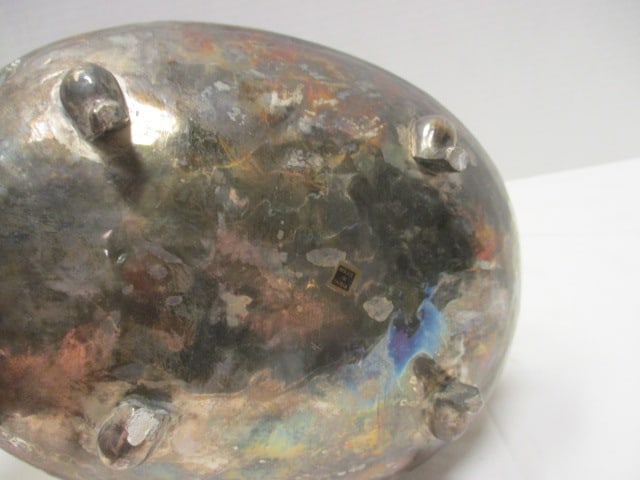 Hammered Silvertone Metal Footed bowl w/Raised Rabbit Design - 5
