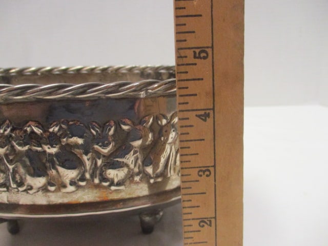 Hammered Silvertone Metal Footed bowl w/Raised Rabbit Design - 7