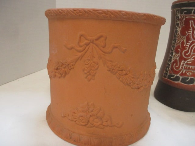2 Planters & Signed Black/Red Clay Vase - 2