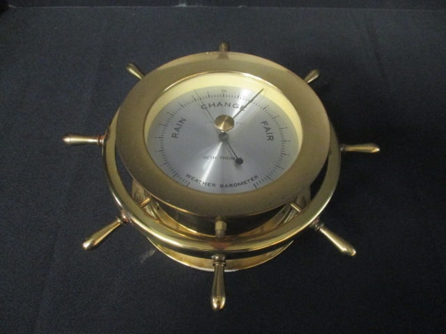 Vintage Brass Seth Thomas "Helmsman" Nautical Ship's Wheel Barometer: Model E537-011, 9"dia