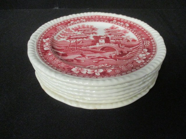 Seven Vintage Copeland "Spode's Tower" Pink Staffordshire Plates: 5 1/2"dia