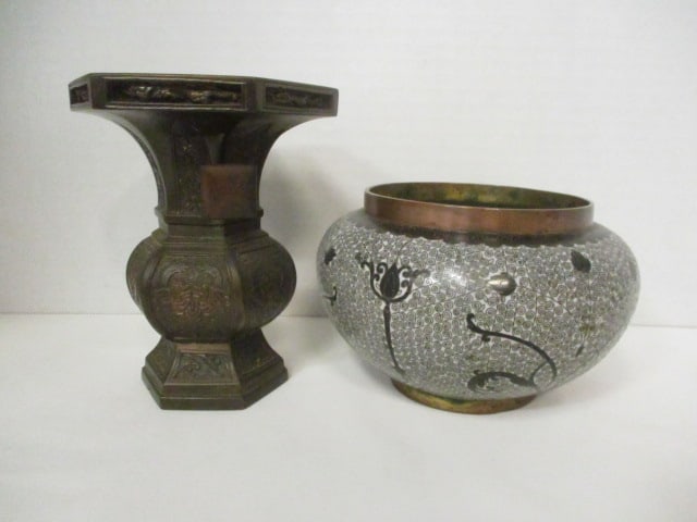 Antique Bronze Chinese Vase and Vintage Cloisonne Bowl: Vase 5 1/4"h(handles have been replaced), Cloisonne 3 1/2"h(design has tight wires)