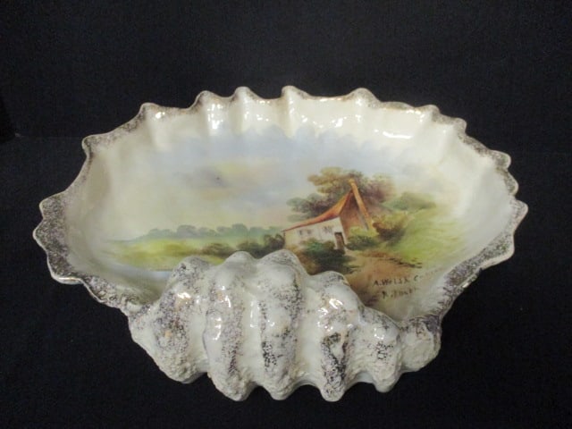 Circa 1894 Shell Form Handpainted Welsh Cottage Wall Hanger Signed by Artist: 12"w x 11 1/2"h, 3" deep, age approx. from Reg. Mark-Maker was not researched by consigner