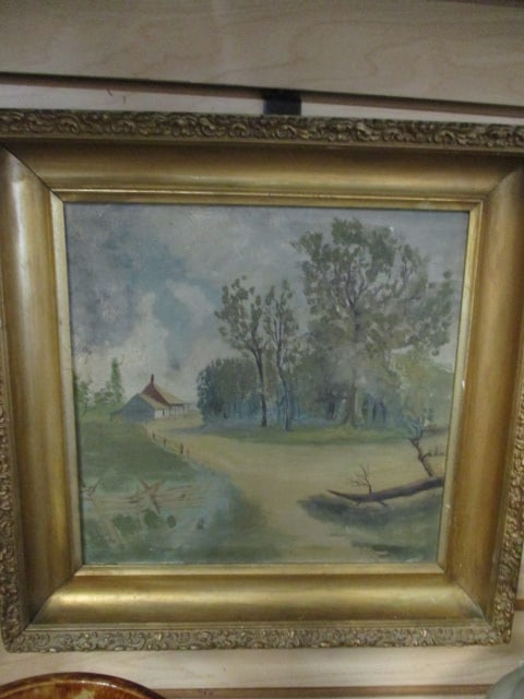 Circa 1900-1910's Signed Oil on Canvas Landscape: Framed 14 1/4" x 14 1/4", signature not illegible-see pictures and preview, dating per consigner note, some chips on frame