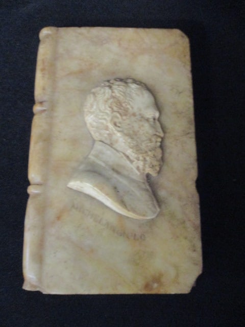 Rare Marble Book Form Paperweight with Michelangelo in Relief Paperweight: 3 1/8" x 5 1/8", some chipping on edges, per consigner note circa 19th Century or Earlier