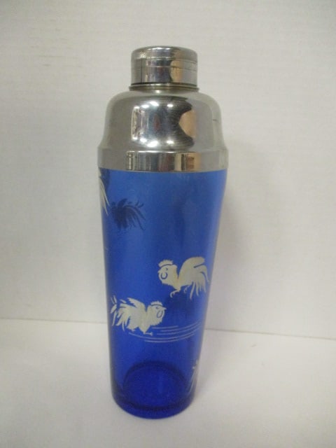Hard to Find 1930's Hazel Atlas Cobalt Glass Cockerels Motif Cocktail Shaker: 11"h