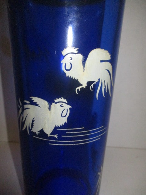 Hard to Find 1930's Hazel Atlas Cobalt Glass Cockerels Motif Cocktail Shaker - 2