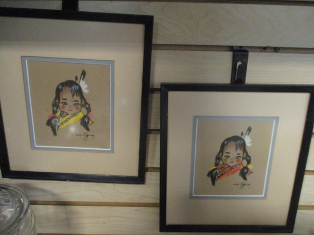 Two Vintage 1950's Gerda Christofferson Native American Girl Original: Pastel Silkscreen Paintings. Framed and matted 10 1/2" x 11 3/4"