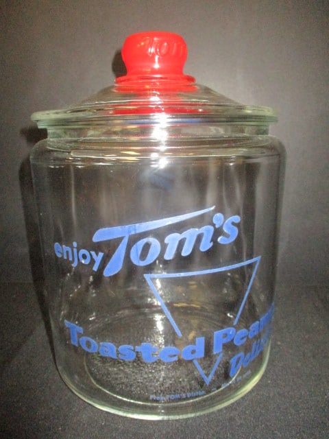 Circa 1940-50's "Tom's" General Store Countertop Jar: 9 3/4"h, No chips!