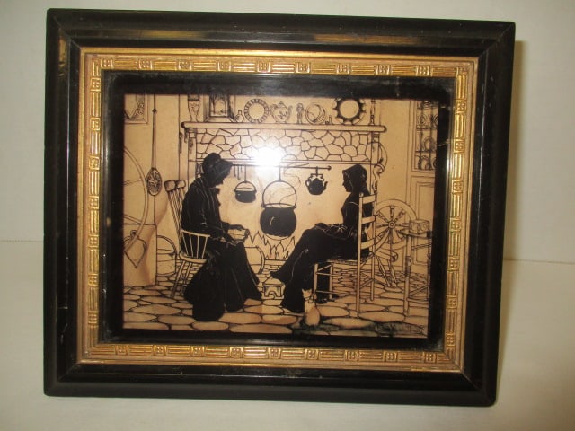 Circa 1930 Eileen Virginia Dowd "Congenial Friends" Reverse Glass Silhouette: Framed 7 1/2" x 6 1/4", C&A Richards Boston, Mass., has stand flap on back, dating per consigner note