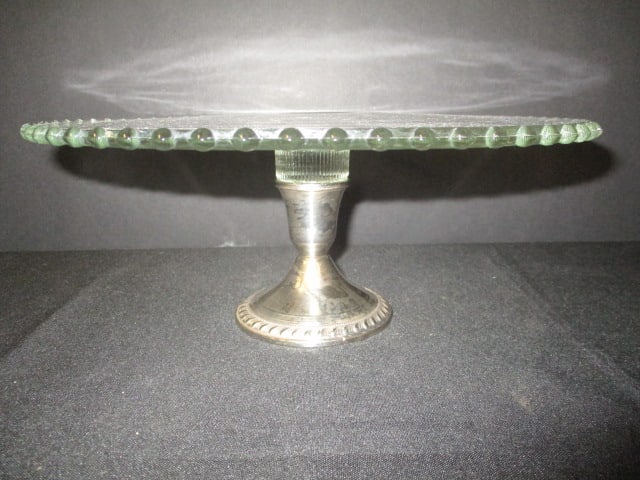 Midcentury Candlewick Style Glass Cake/Dessert Stand w/ Weighted Sterling Pedestal Base: 10 3/4"dia x 4 1/4"h overall, 3"h Duchin Sterling base can be used as candle holder