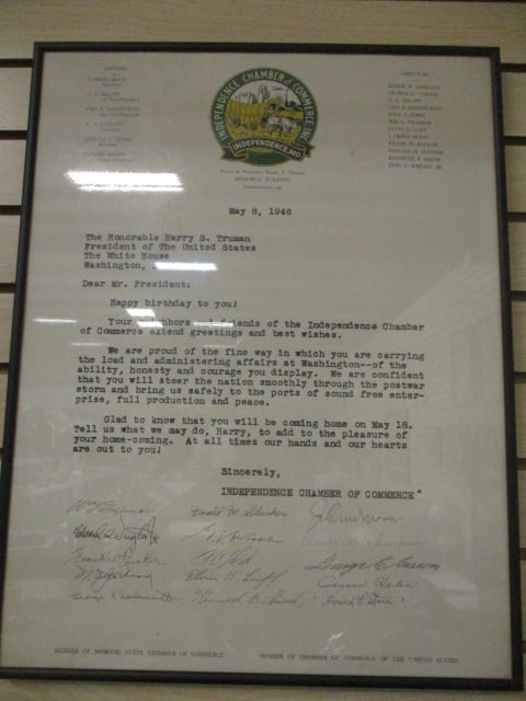 May 8, 1946 Intendance, Mo. Chamber of Commerce Member Signed Presentation Birthday: Wishes to President Harry Truman. Signed by 15 Members, Framed 17" x 22", see pictures and preview for signatures